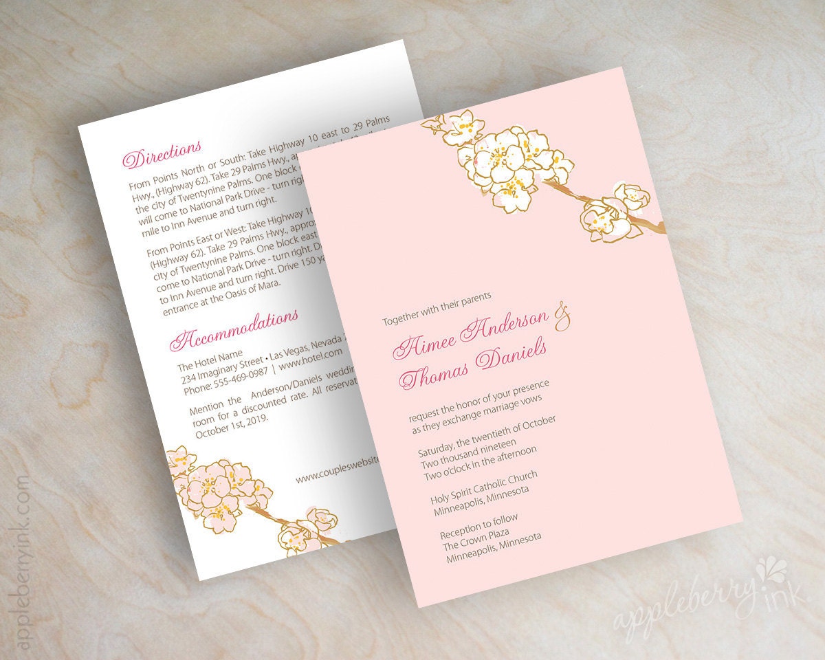 Wedding invitations, watercolor cherry tree blossoms in soft pink and white