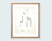 Printable Nursery Wall Art. Hello World Giraffe's. Boy or Girl neutral.