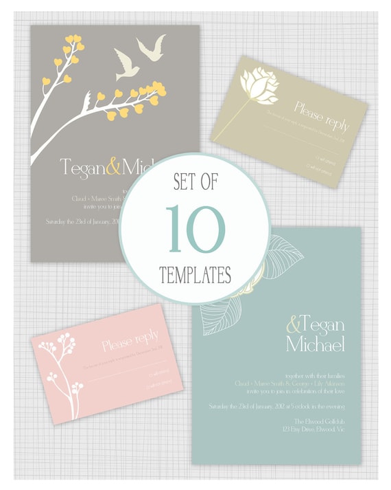 INSTANT DOWNLOAD: 10 PSD Wedding invitation templates. Matching Reply Rsvp cards. Mini Pack 5. Il_570xn