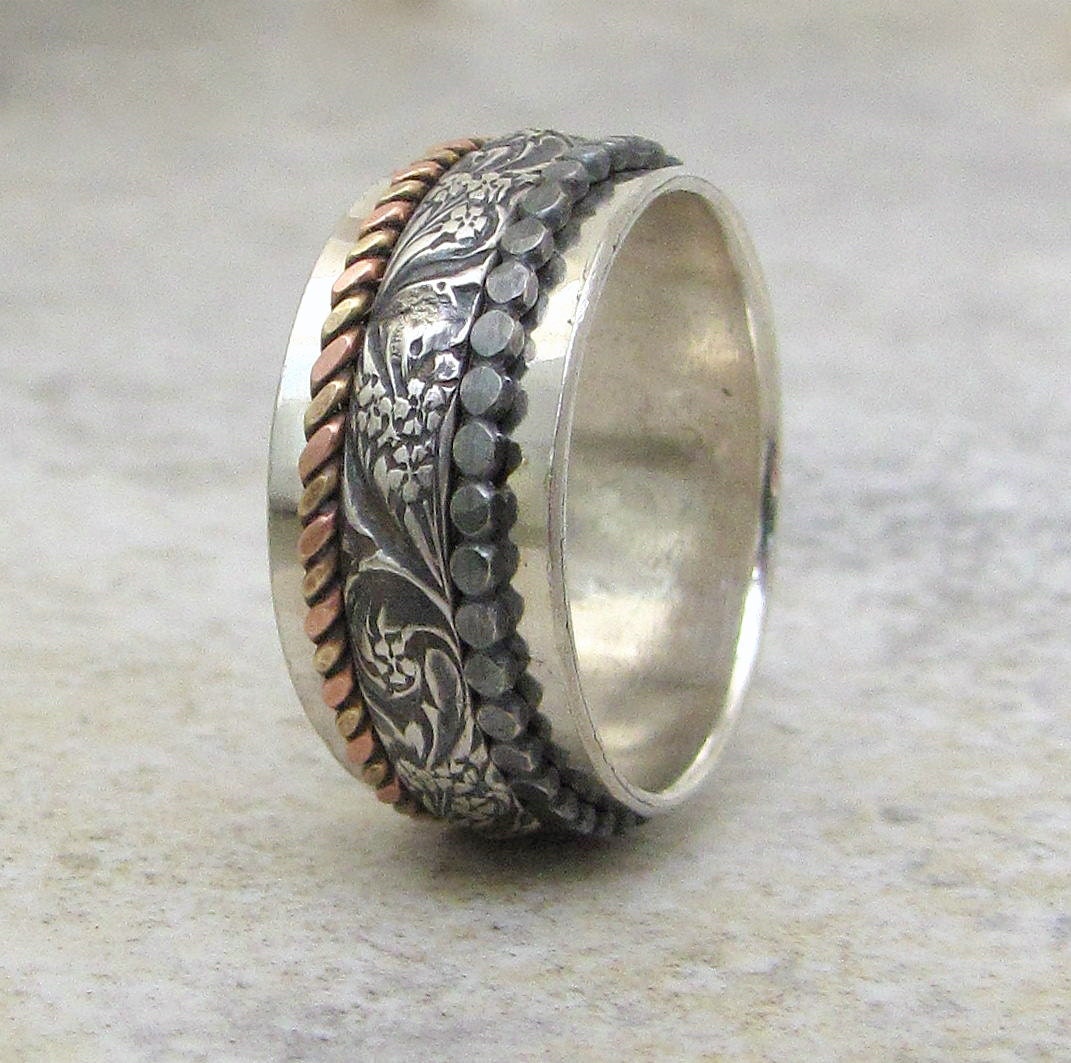 Silver Spinner Ring Floral Spinner Ring Dot, Brass/Copper Twist Spinner Ring Fidget Ring