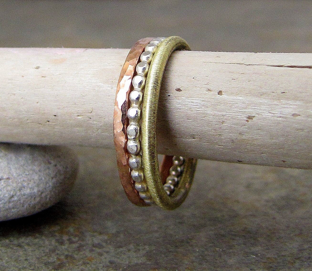 Copper Stacking Ring Hammered Silver Dot Brass Rings- Elements