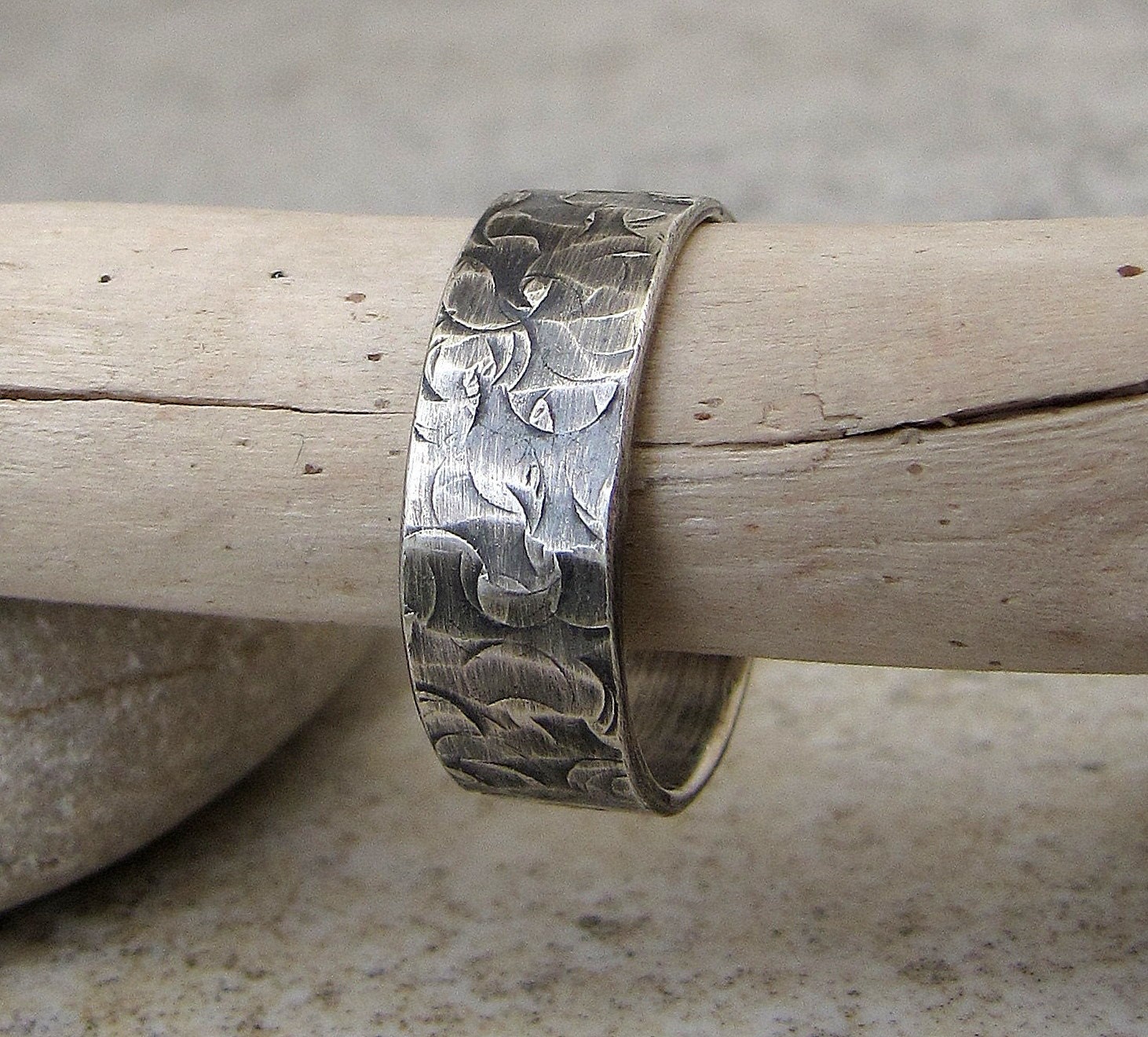 Mens Wedding Band Hammered Silver Wedding Ring Distressed Antique Circles Rustic Band