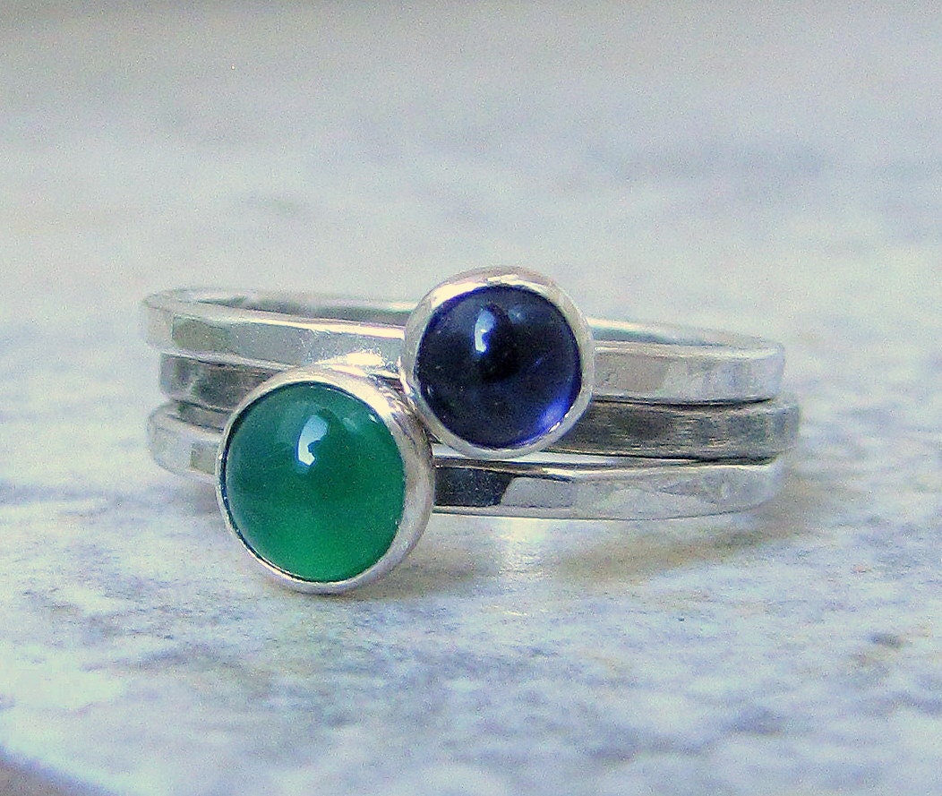Iolite Ring Silver Green Onyx Ring Stacking Ring Set Gemstone Stacking Rings