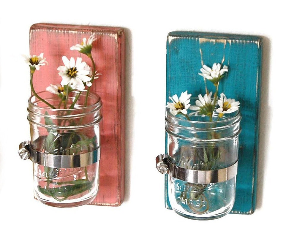 wood sconce mason jar wall vase french country decor shabby chic SET of TWO