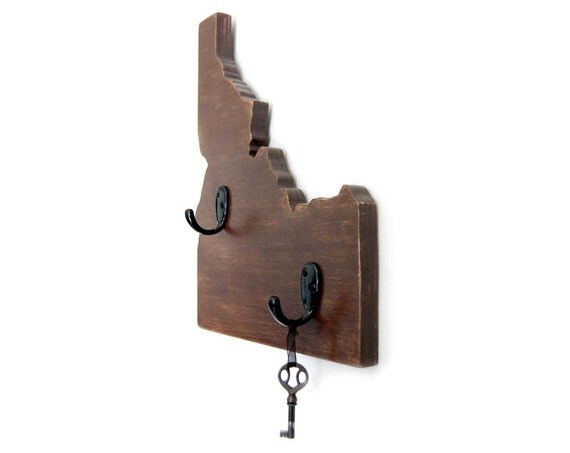 Idaho key hooks wood sign wall sign primitive sign home decor Chocolate Brown