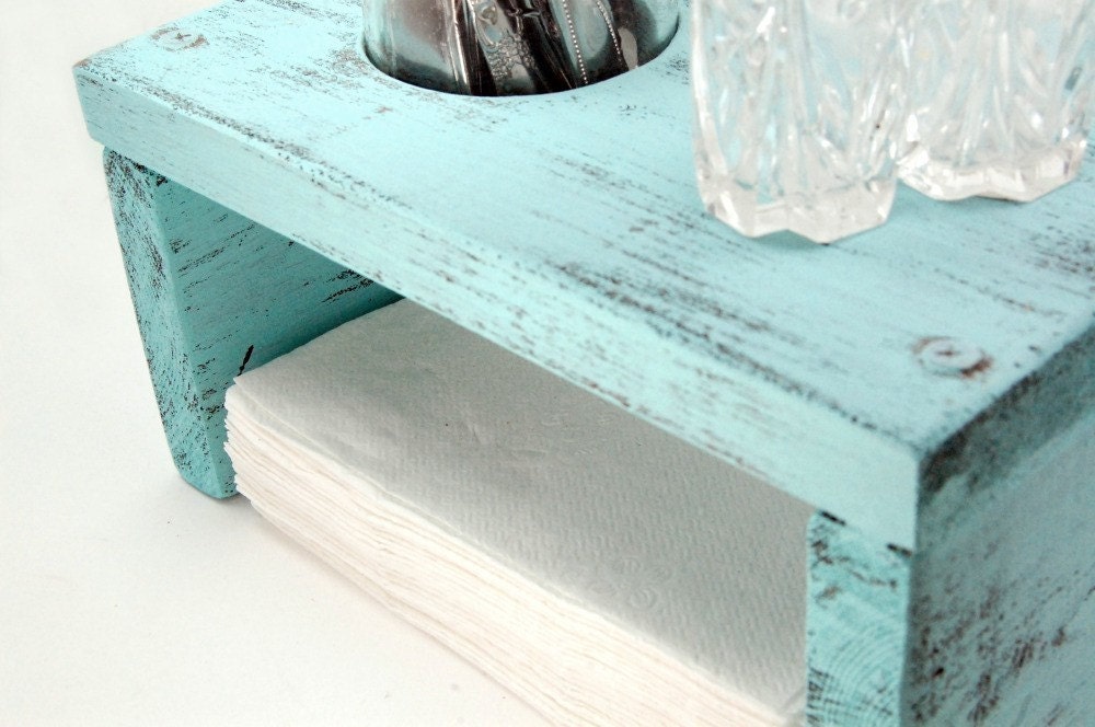 Napkin Holder wood primitive table organizer Light Turquoise IN STOCK
