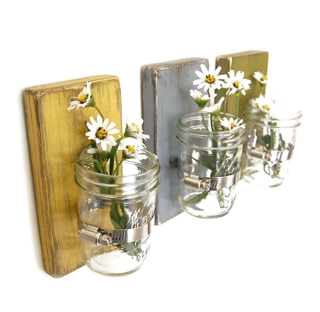 mason jar Glass single vase cottage decor wooden wall organizer EARTH YELLOW
