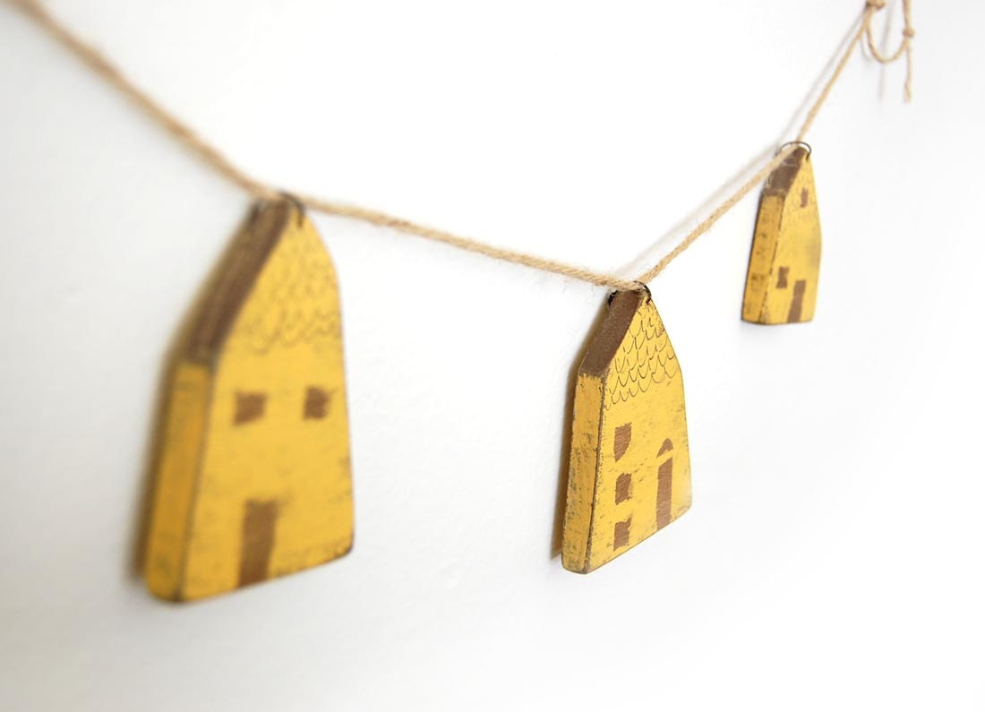 cottage style decor wooden yellow houses handpainted upcycled recycled garland