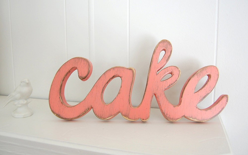 cake wedding signs wooden word decoration shabby chic Coral Melon