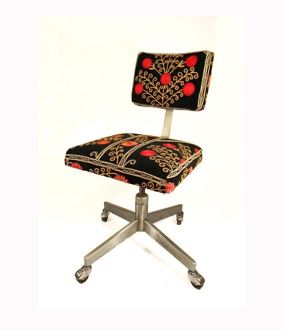 Suzani Office Chair - Blooming Pomegranate Tree - 1950's Black Velvet