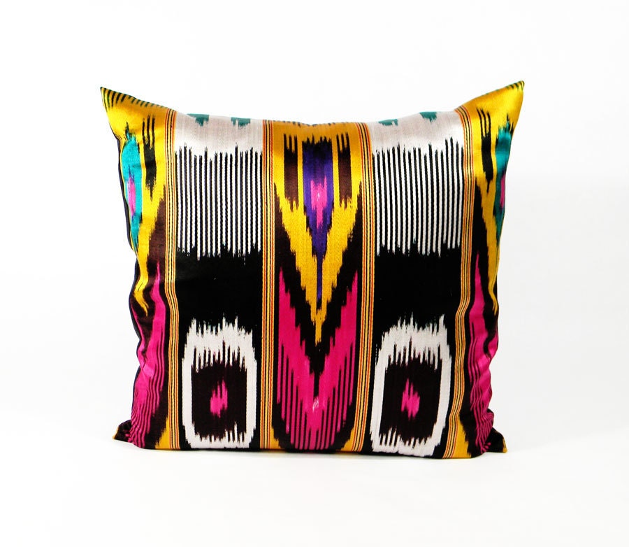 Vintage Ikat Pillow - 1980's Gold Ultramarine Teal Hotpink - 18 x 18