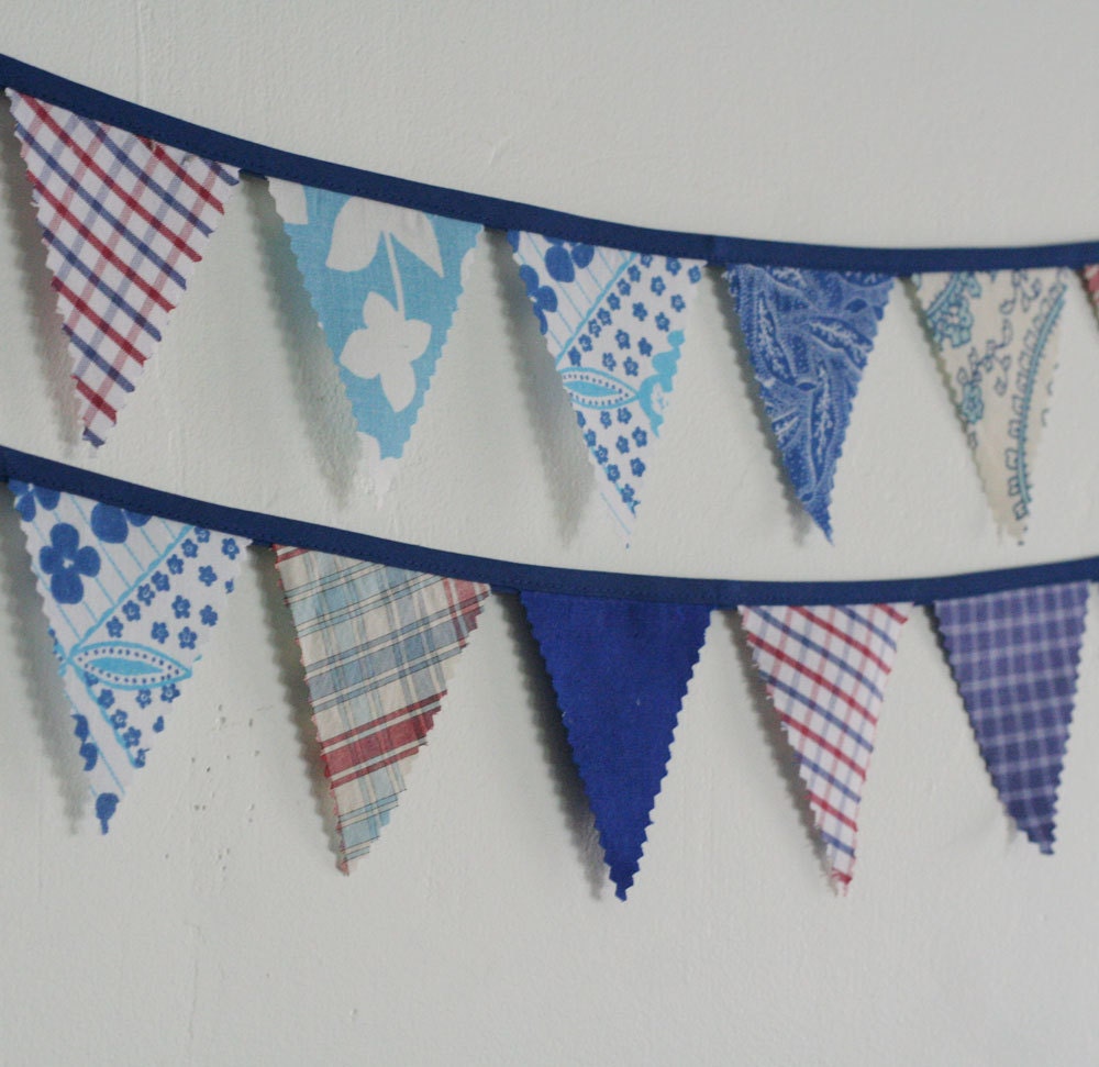 Bunting, Fabric Bunting, Penant Banner, Baby Shower Decorations, Vintage Fabrics, Baby Blues, Handmade by Knotted Nest