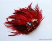 Red Feather Crystal and Rhinestone Veil Comb and Fascinator