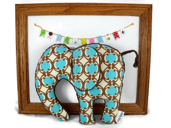 Stuffed Animal Plush Elephant Softie Blue and Brown Organic Cotton Minky