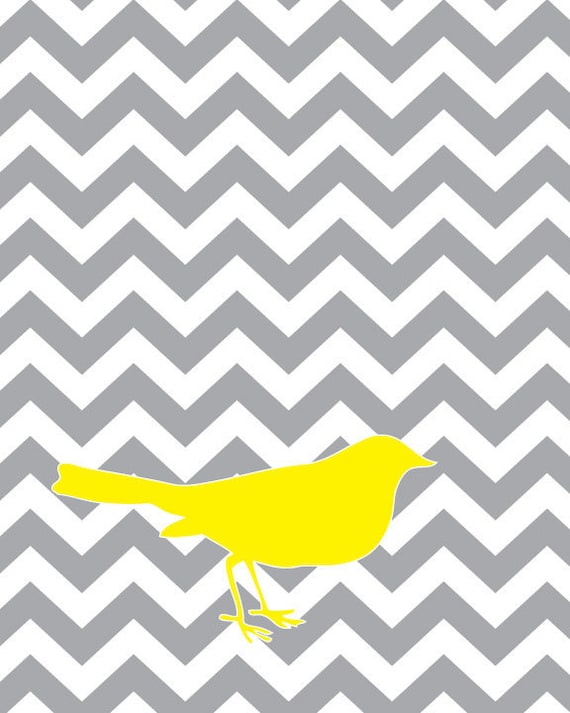 Yellow Bird on Gray Chevron Pattern - 8x10 art print