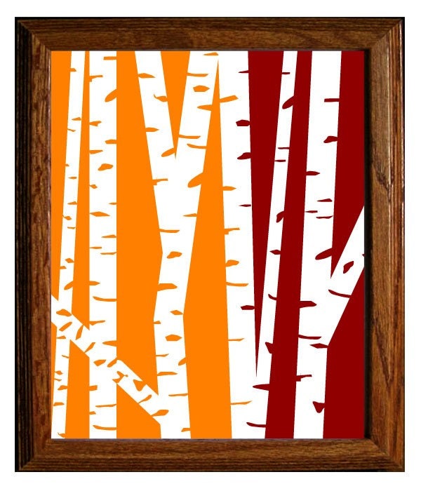 Modern Birch Trees - Orange and Maroon Red 8 x 10 print