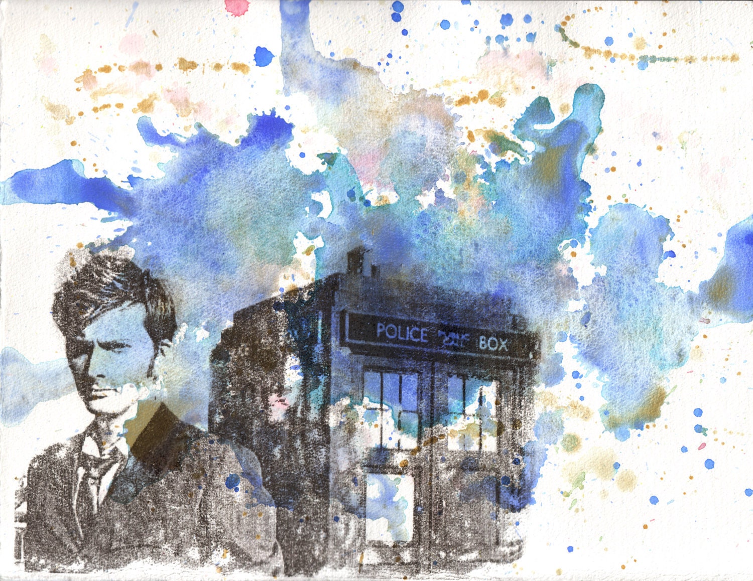 Doctor Who Art  10th Doctor David Tennant with the Tardis - 8 X 10 in. Art print