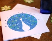 Blue Peacock folded square card: original contemporary design in cool blue, aqua, turquoise and lime