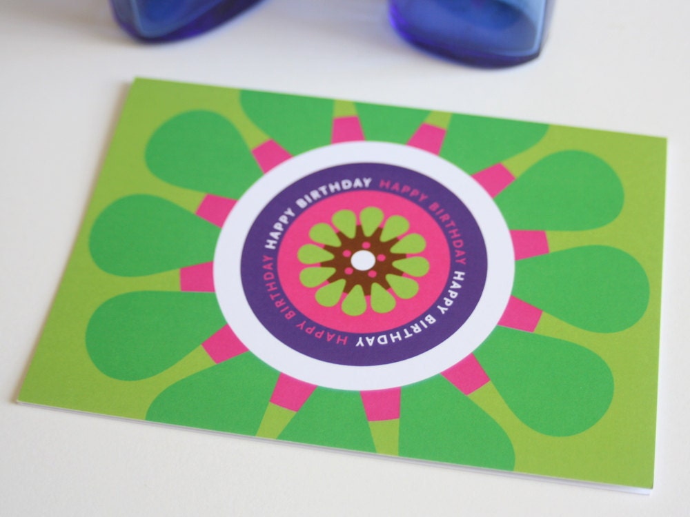 Happy Birthday 4x6" bright LIME GREEN folded card with a bold gerbera daisy design in citrus summer colours
