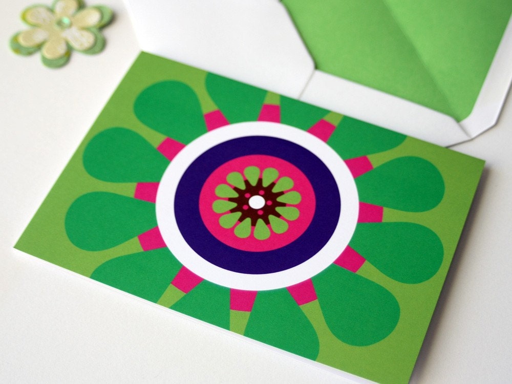 Blank 4x6" bright lime green folded card with a bold gerbera daisy design in citrus bright summer colours