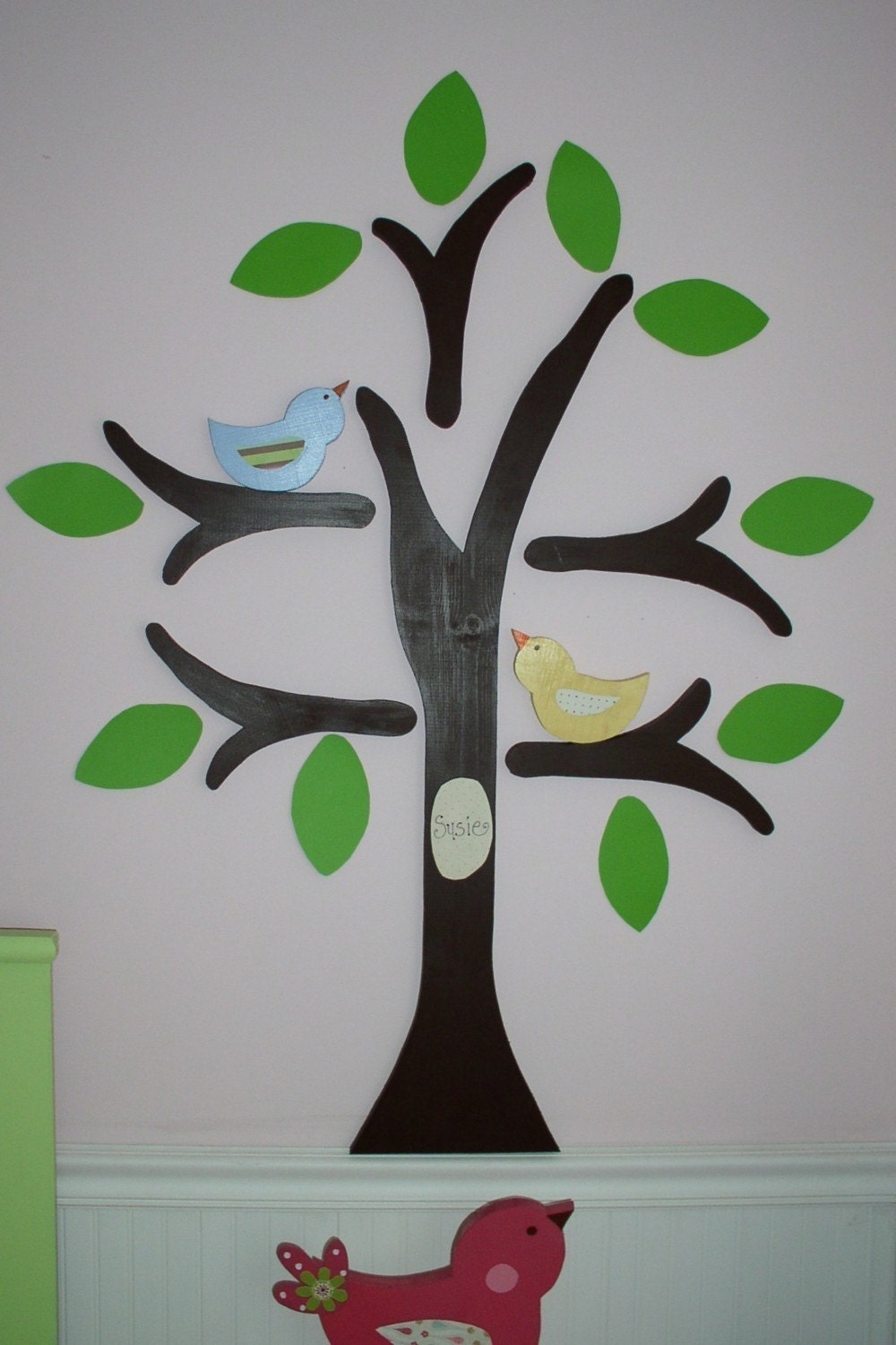 Wooden Tree with 2 owls 2 birds and 10 leaves real wood personalized wall decor