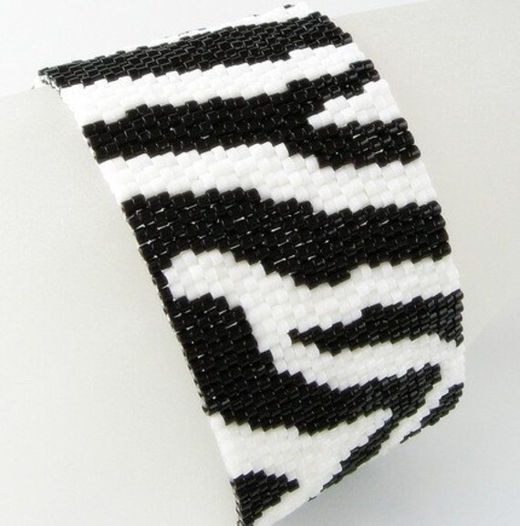RESERVED FOR JOAN  -  Zebra Design Peyote Beaded Cuff Bracelet  FREE SHIPPING