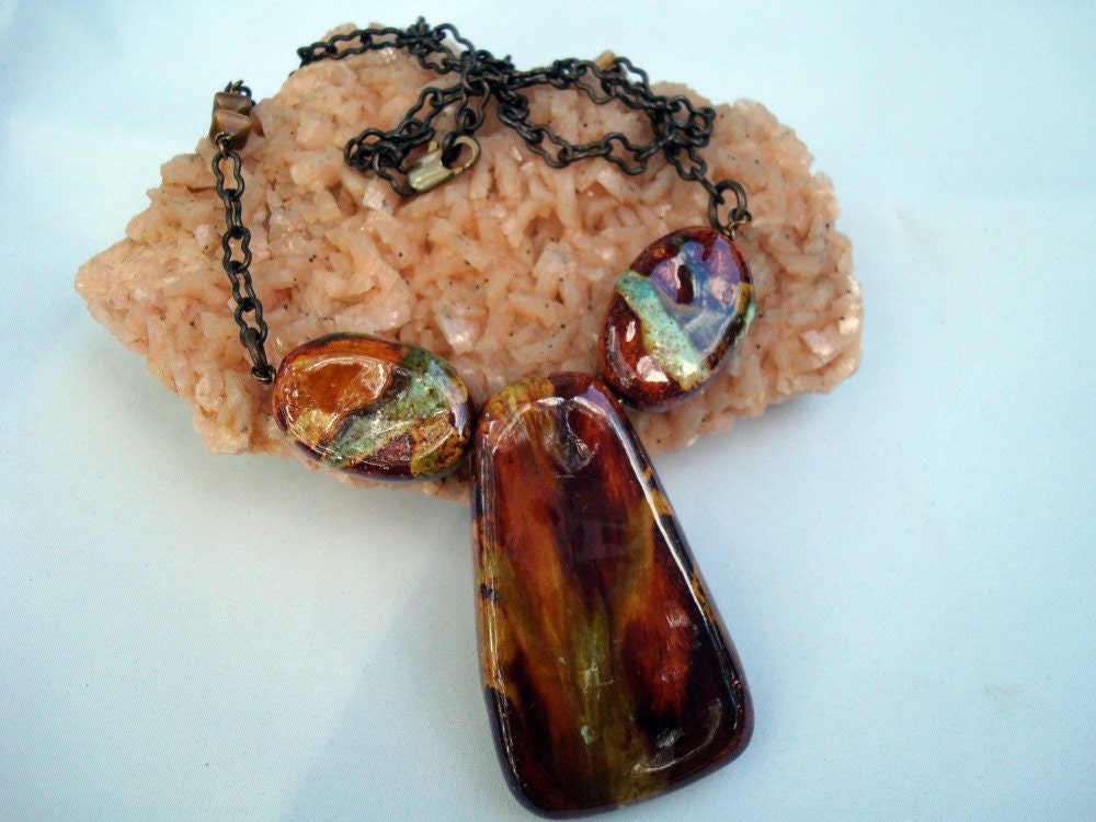 Kazuri Bead Necklace, Vintaj Chain, Earthtones, Czech Glass, Jewelry By BellaBeads4U