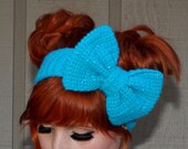 Aqua Sparkle Crocheted Big Bow Ear Warmer Headband