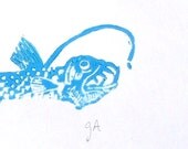 LINOCUT PRINT - Viperfish BLUE letterpress poster 8x10