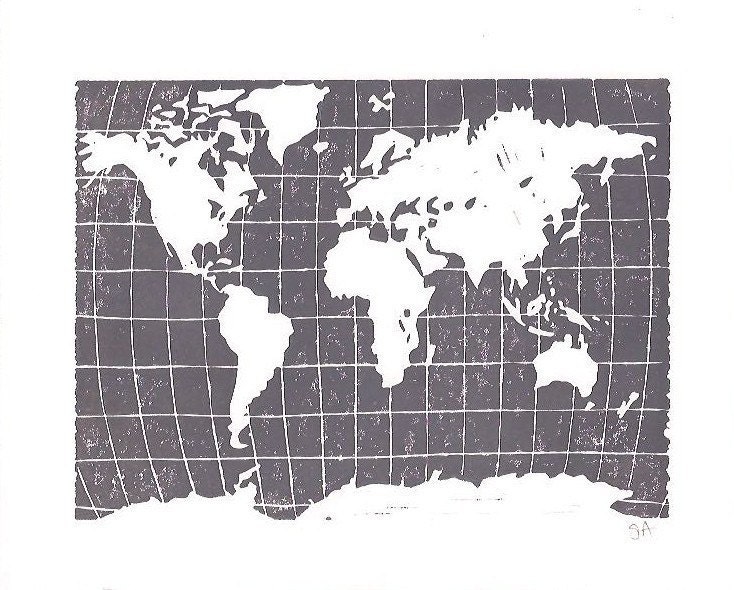 PRINT - world map MEDIUM GREY 8x10 letterpress poster