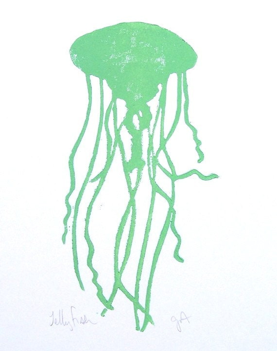 PRINT - Jellyfish LINOCUT sea foam green 8x10
