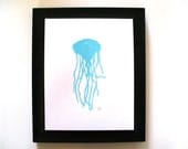 LINOCUT PRINT - Jellyfish - robins egg blue 8x10 LETTERPRESS poster -silhouette