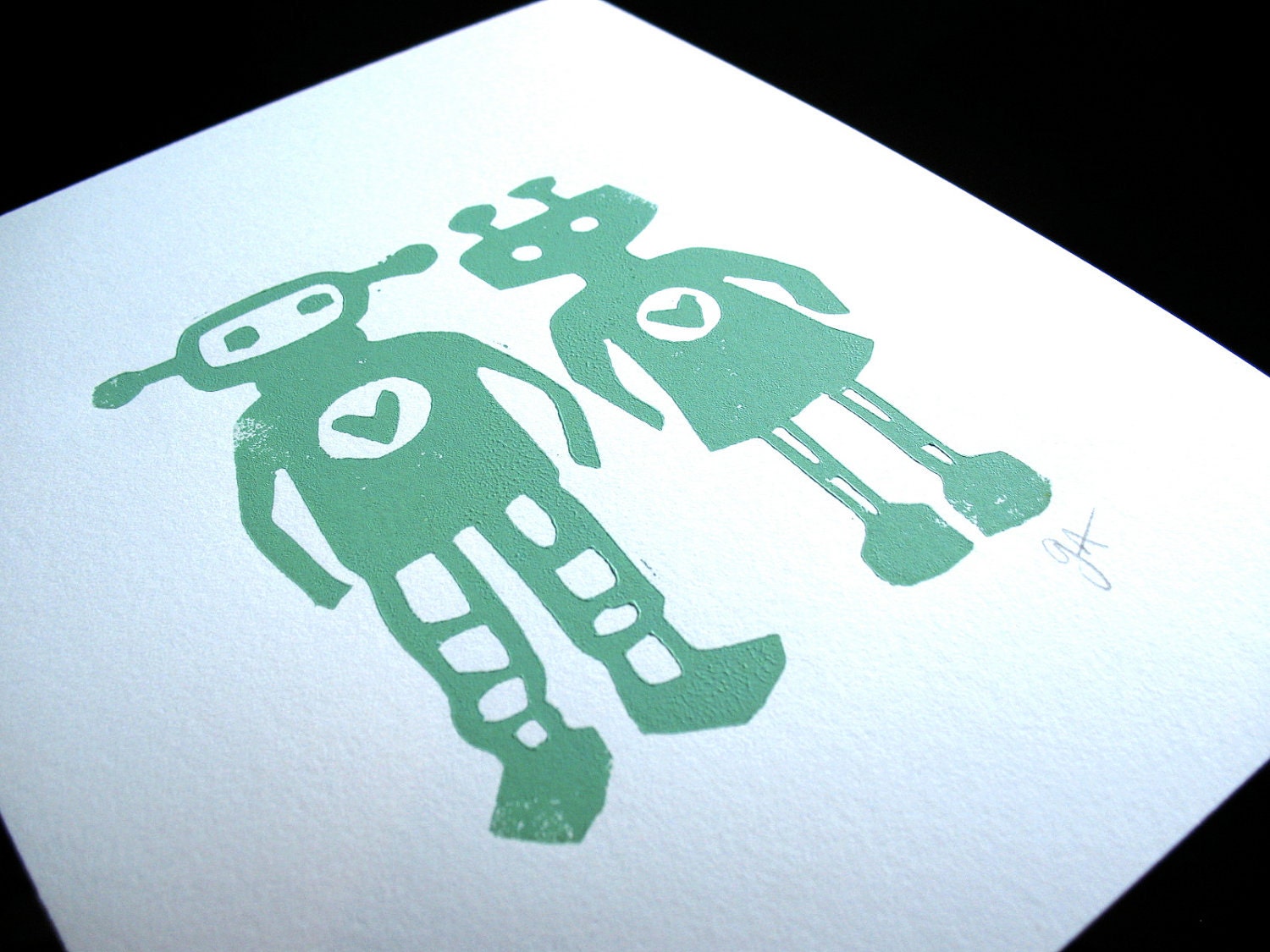 LINOCUT PRINT - Robots in love LETTERPRESS sea foam green 8x10 valentine poster