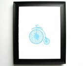 PRINT - Antique bike (penny farthing) LIGHT BLUE linocut 8x10