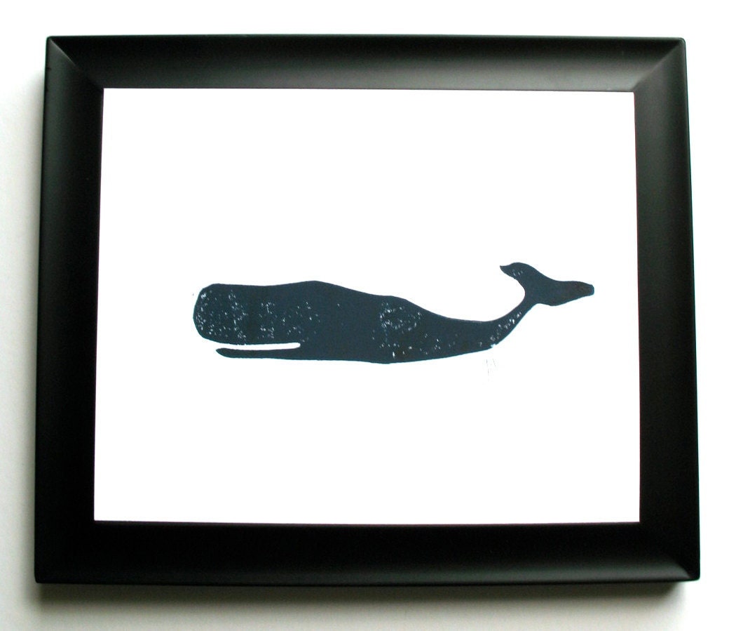 LINOCUT PRINT - whale LETTERPRESS dark dark blue silhouette poster 8x10
