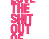 POSTER - I love you... hot pink LINOCUT typography print 10x18 letterpress valentine poster