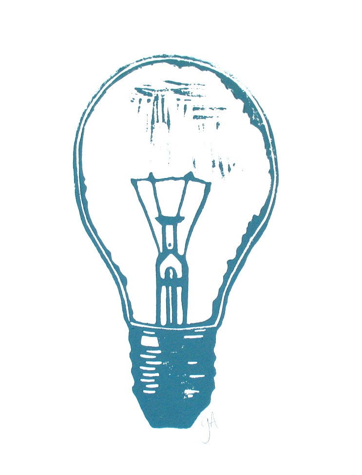 LINOCUT PRINT - lightbulb blue grey LETTERPESS letterpress poster 8x10