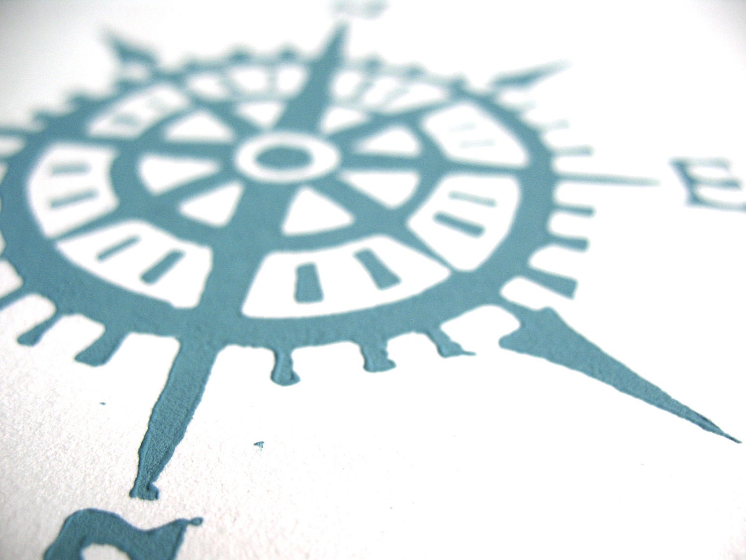 LINOCUT PRINT -  Compass / Cardinal directions blue-grey letterpress poster 8X10