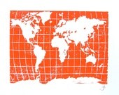 PRINT - world map ORANGE LINOCUT letterpress poster 8x10