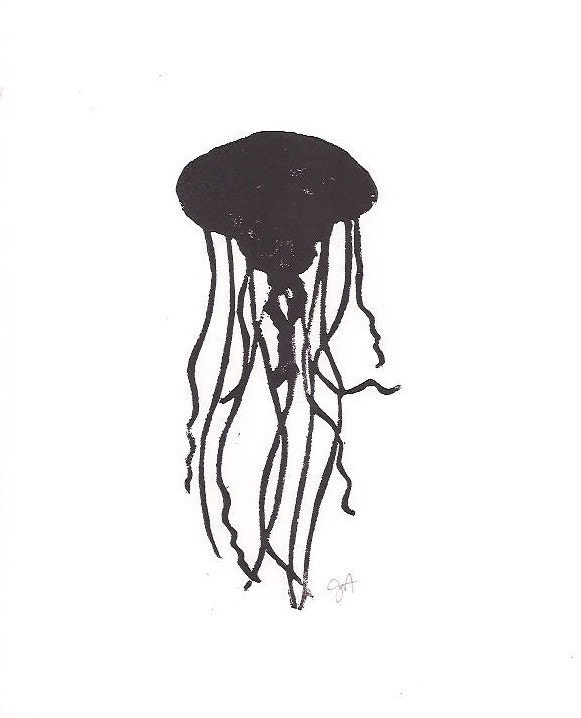 LINOCUT PRINT - Jellyfish BLACK letterpress silhouette marine poster 8x10