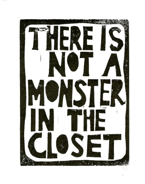LINOCUT PRINT - not a monster BLACK letterpress - poster 8x10