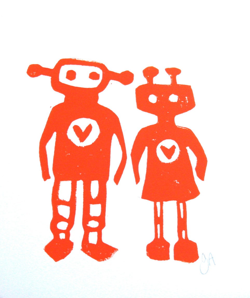 LINOCUT PRINT - Robots in love ORANGE letterpress valentine poster 8x10