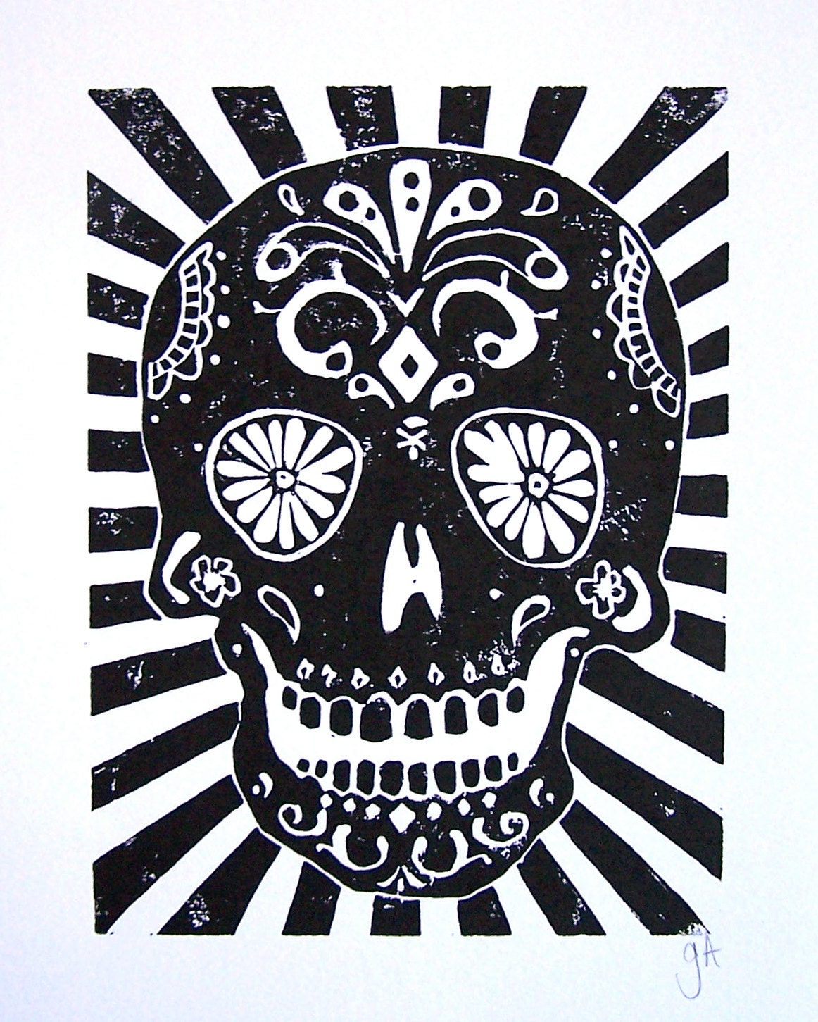 PRINT - Day of the dead skull LINOCUT 8x10 calavera