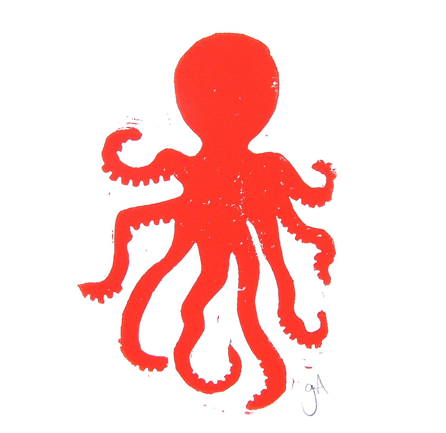 PRINT - Octopus RED linocut 8x10 letterpress marine animal