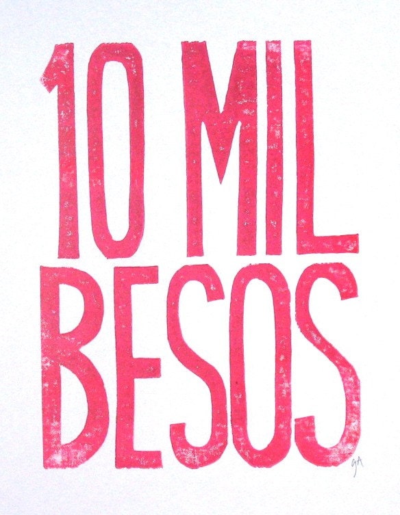 LINOCUT PRINT - 10 mil besos LETTERPRESS plum typography poster 8x10