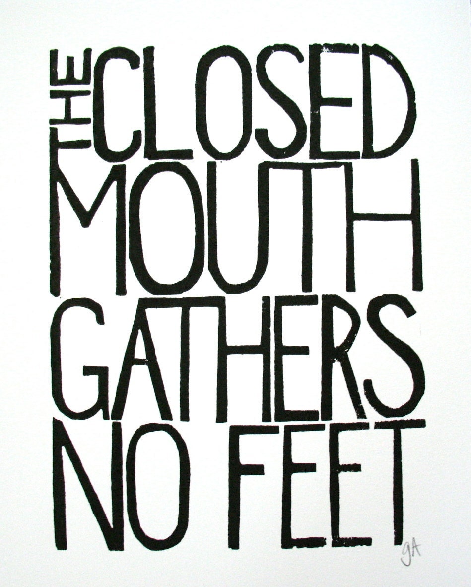 LINOCUT PRINT - The closed mouth BLACK letterpress poster 8x10