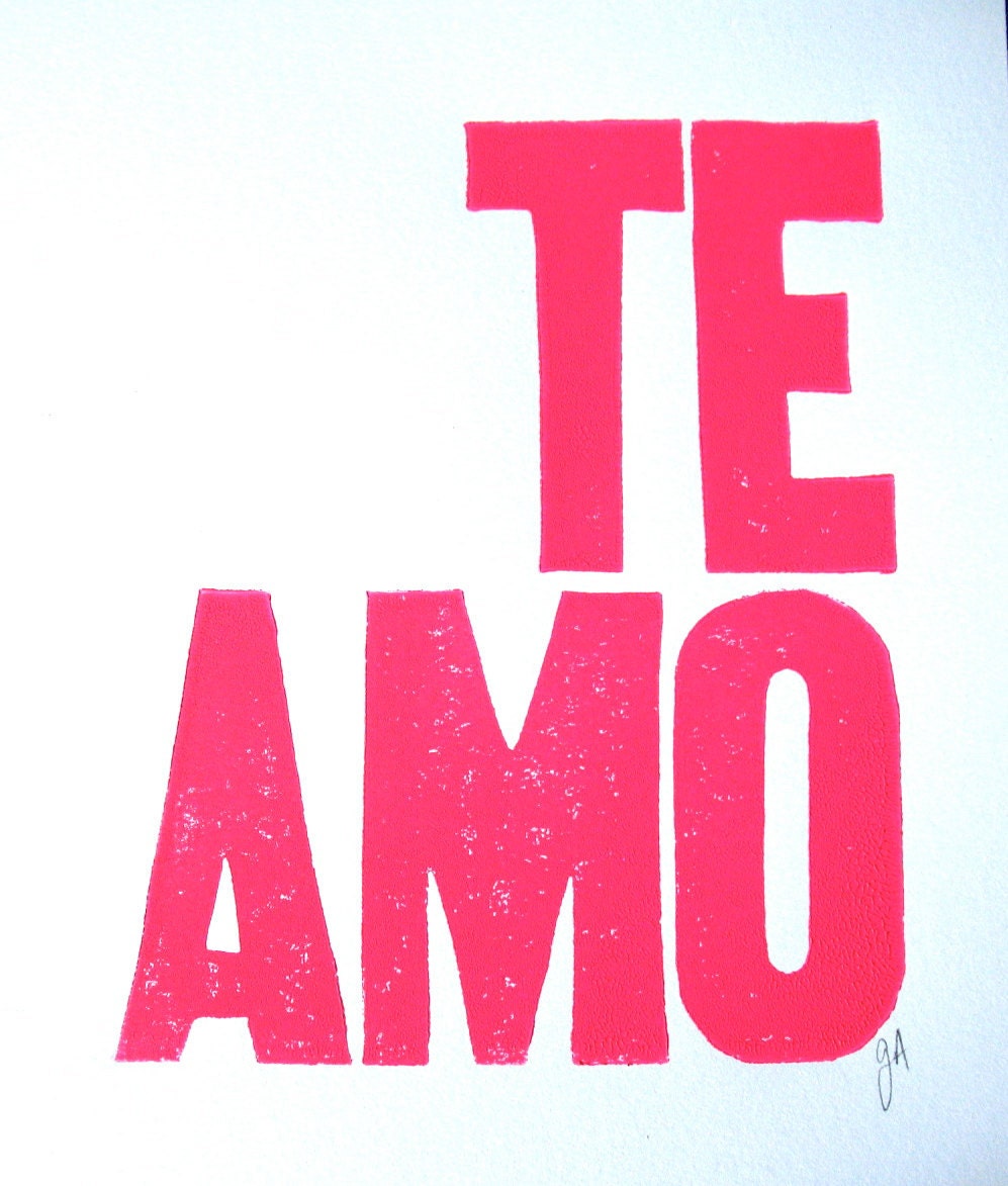 LINOCUT PRINT - Te amo LETTERPRESS hot pink / fuschia typography poster 8x10