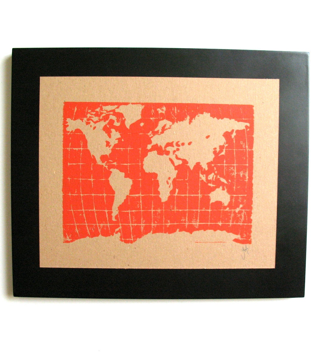 LINOCUT PRINT - World map 8x10 red orange letterpress poster 8x10