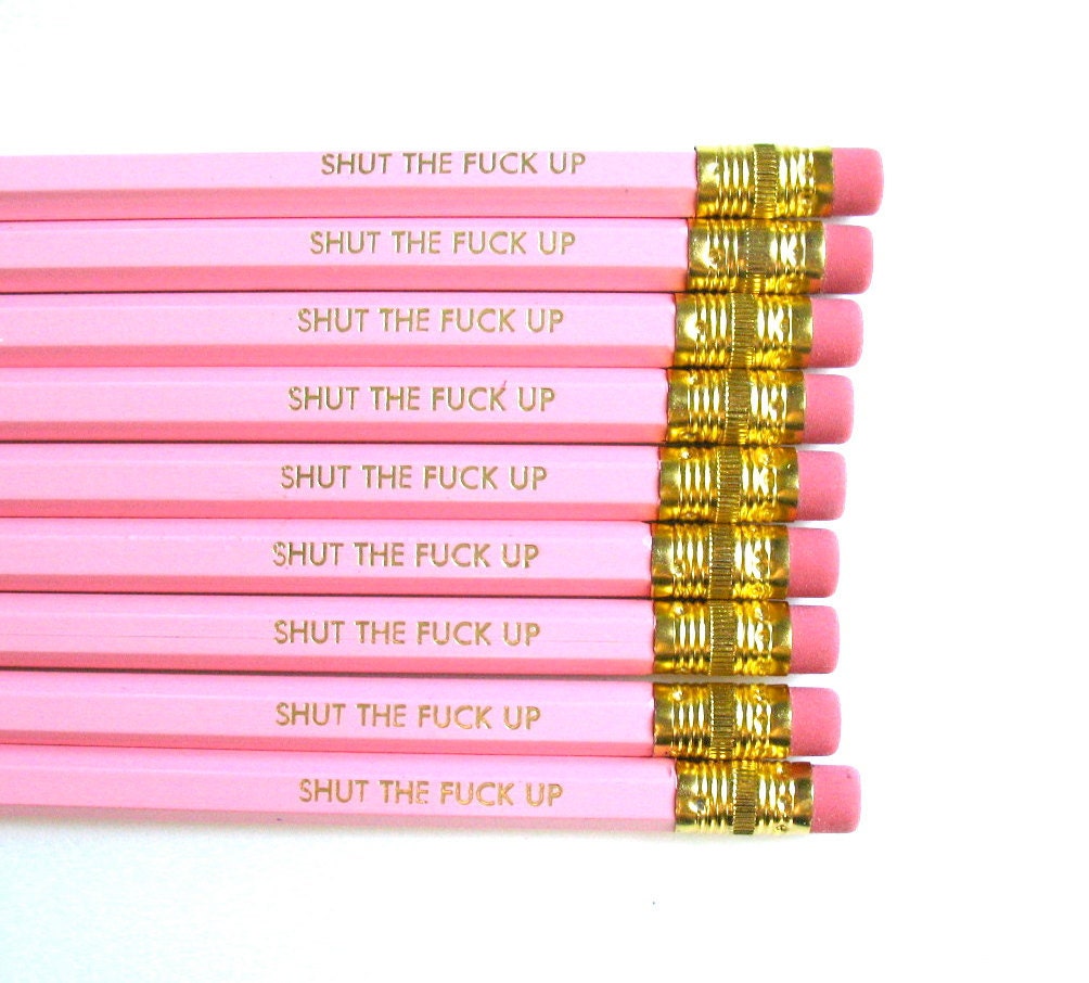 PENCILS (6) light pink - shut the fxck up - GRAPHITE HEX pencils w/ hand-stamped kraft pencil box