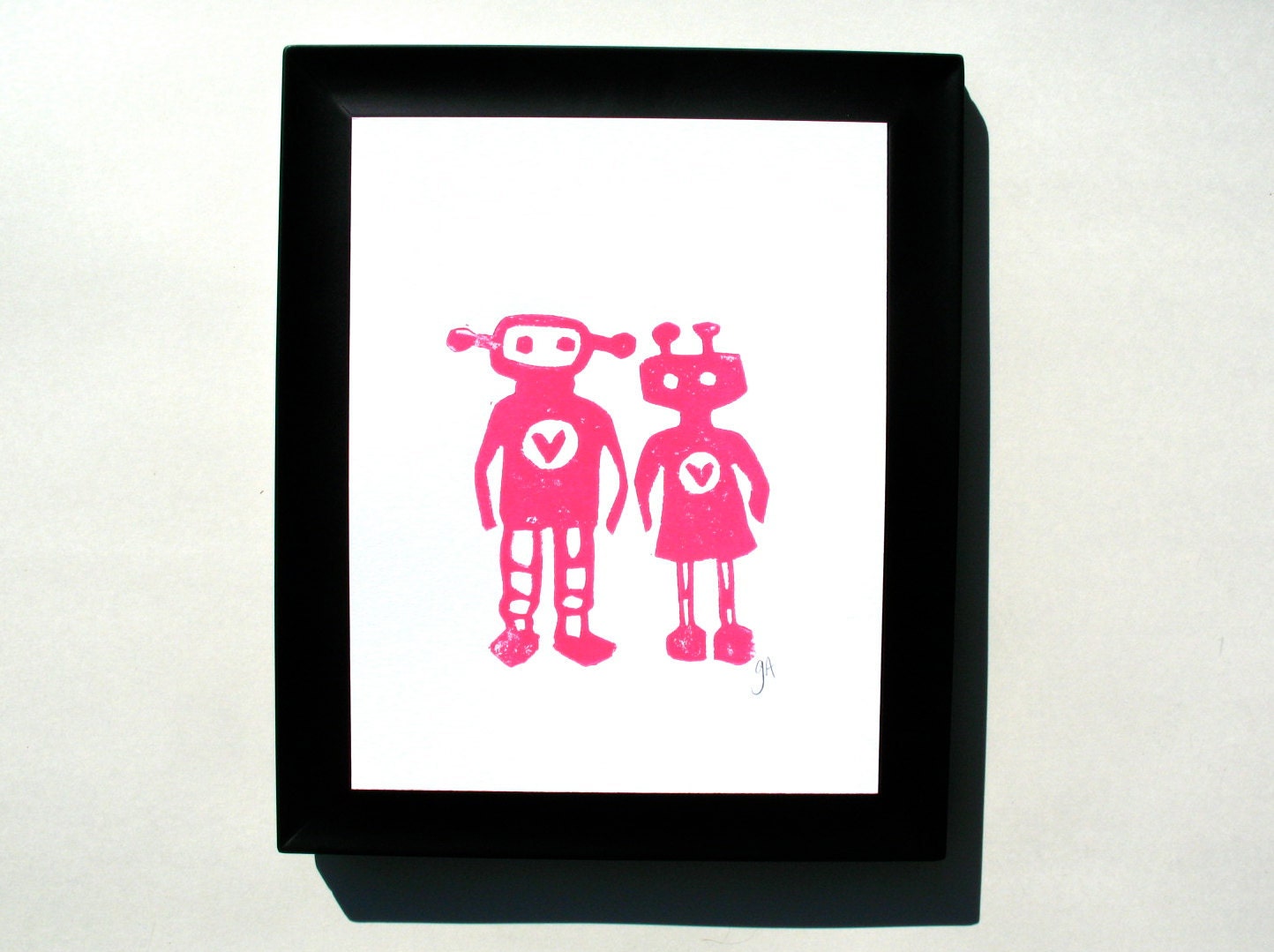 LINOCUT PRINT - Robots in love LETTERPRESS hot pink valentine print 8x10